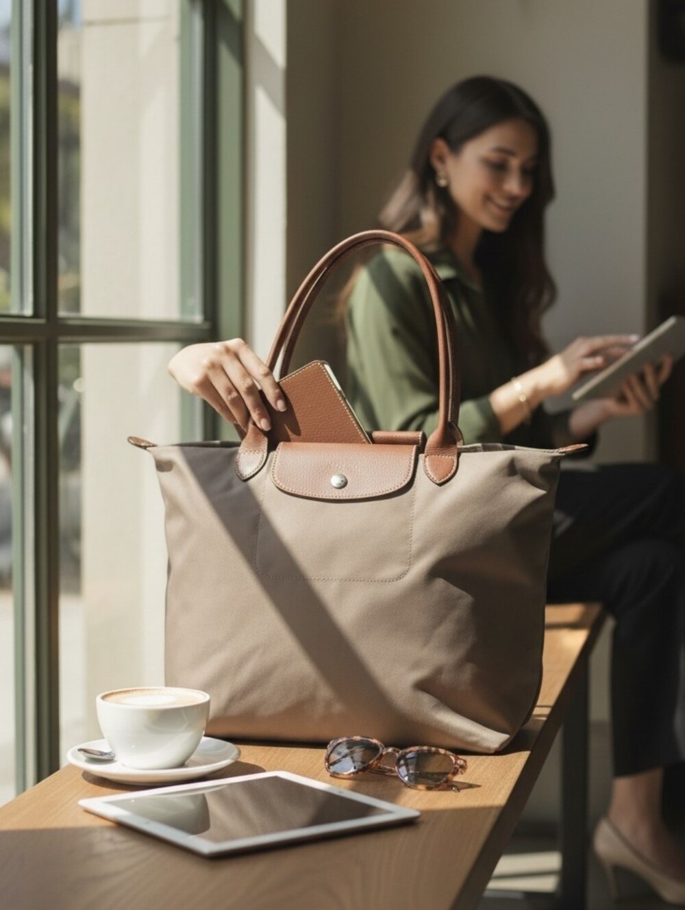 Longchamp Les Pliage Tote with Brown Leather Trim